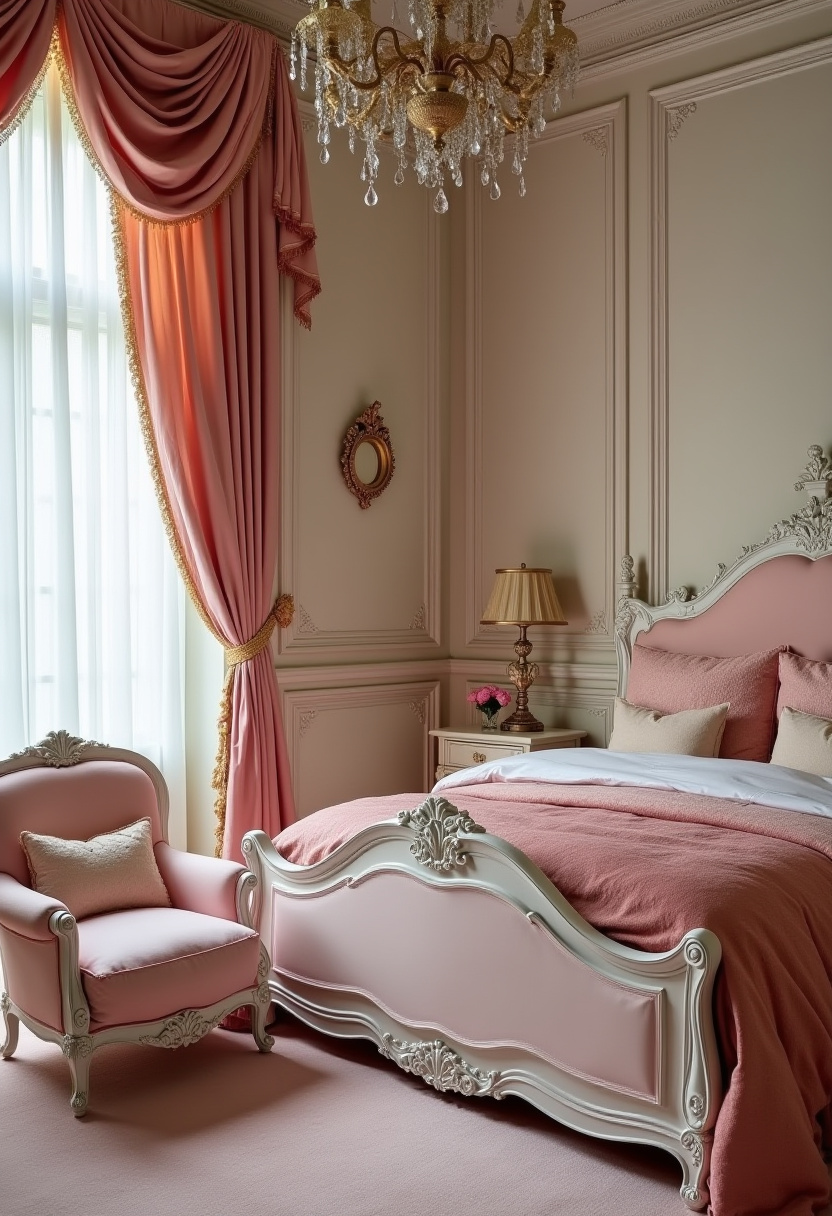 High-contrast moody feminine room with dark walls and white bedding.