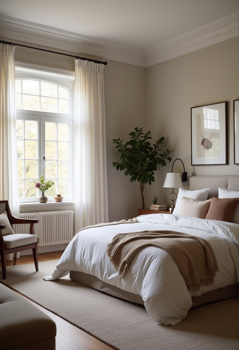 Vintage inspired moody bedroom with antique furniture and lace details.