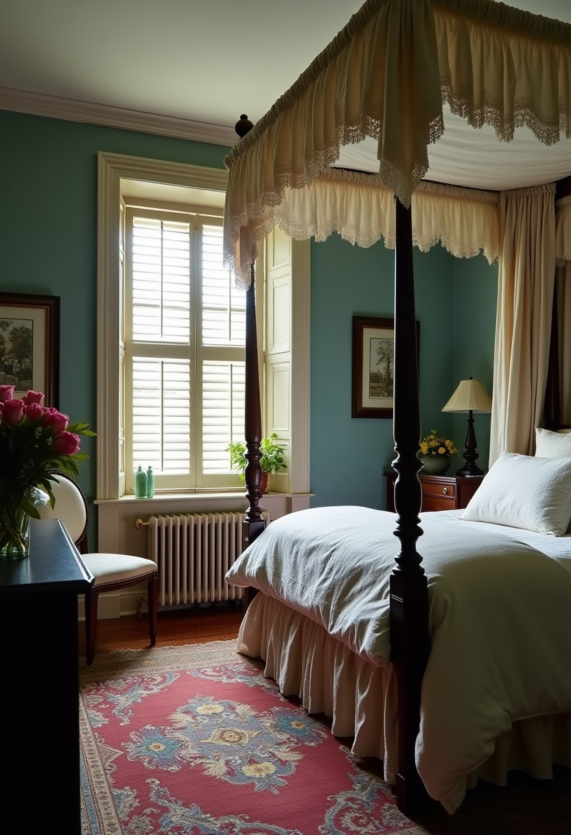 Moody feminine office-bedroom combo with dark cabinetry.