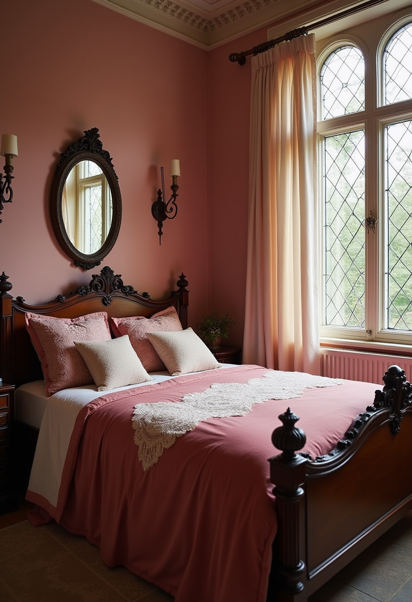 Luxury feminine bedroom with burgundy accents and gold decor.