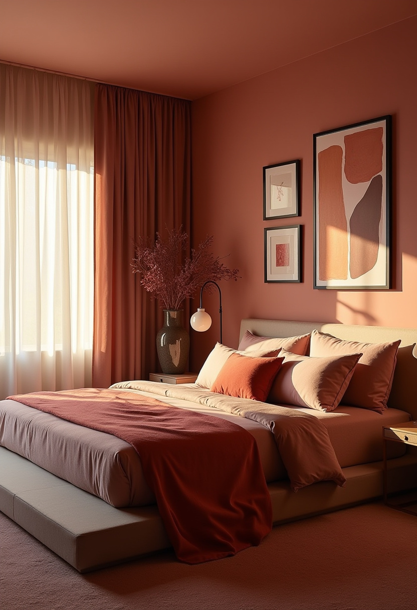 Moody charcoal gray bedroom with plush pink cushions for a soft touch