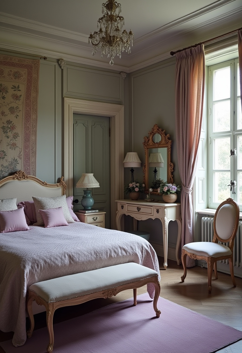 Dark teal feminine bedroom with ornate gold frames and art.
