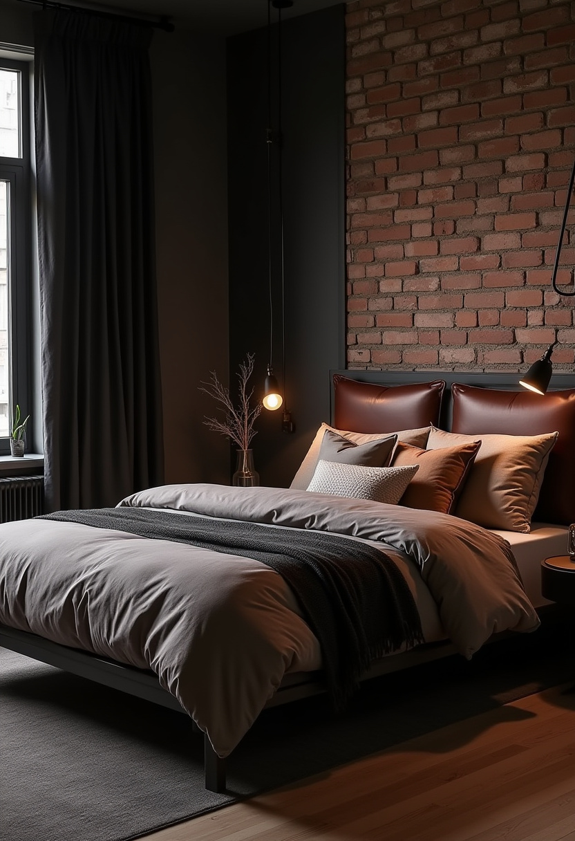 Moody bedroom featuring layered textures like faux fur and silk.