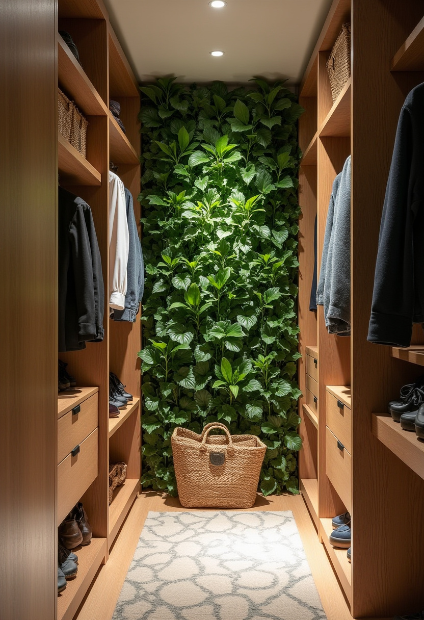 Luxury narrow walk-in closet featuring glass-front cabinets