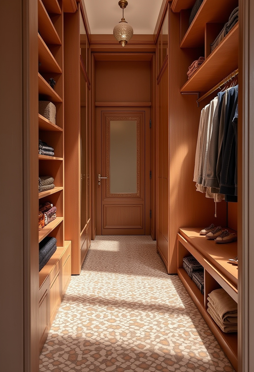 Narrow walk-in closet design with pull-out racks and organizers