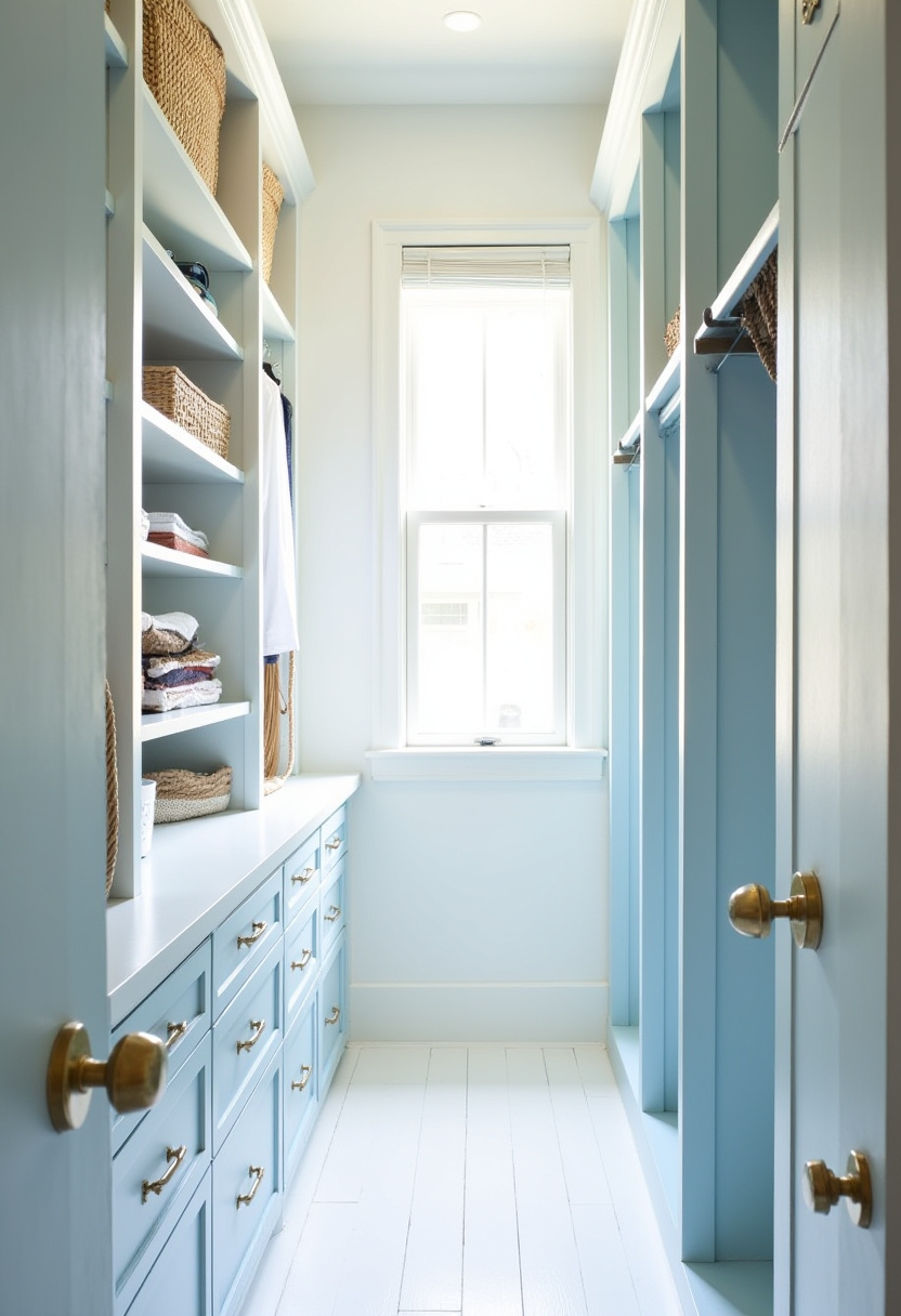 Space-saving narrow walk-in closet with adjustable shelving units