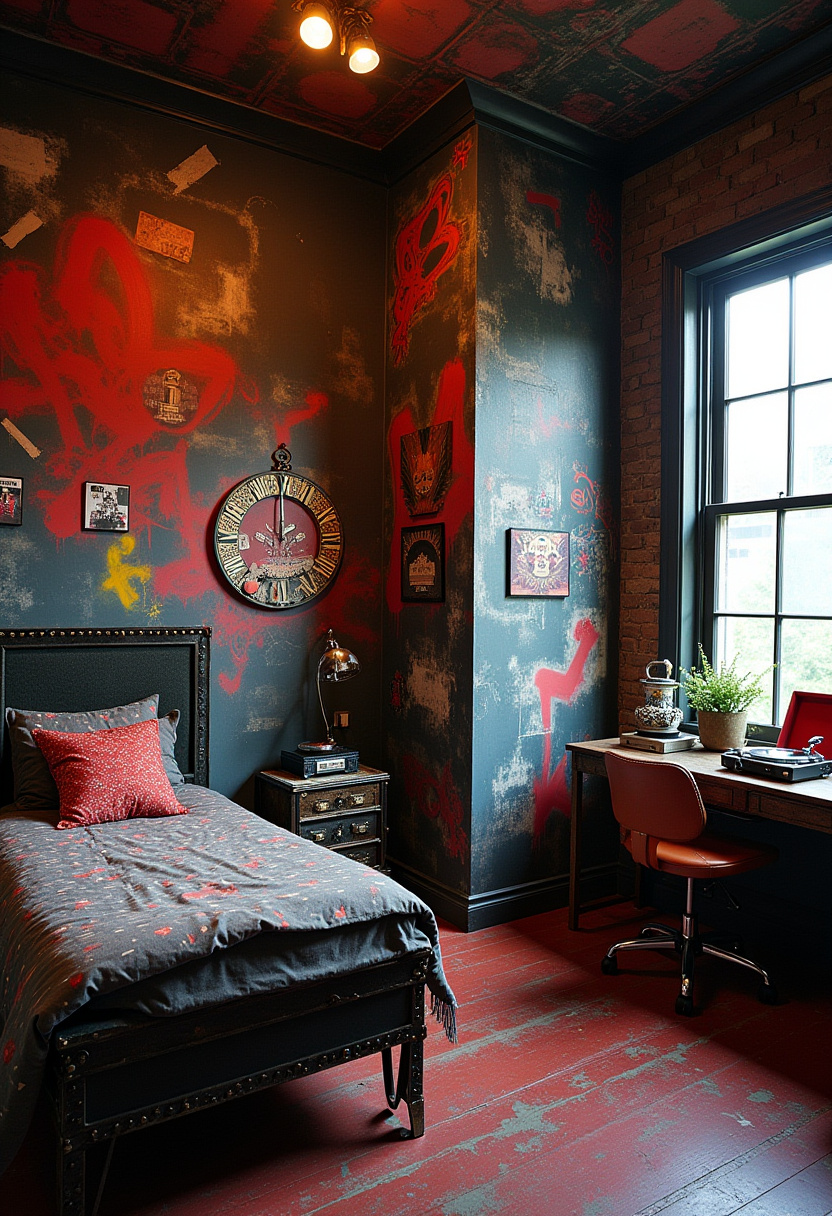 Aesthetic punk bedroom with neon lights and band posters.