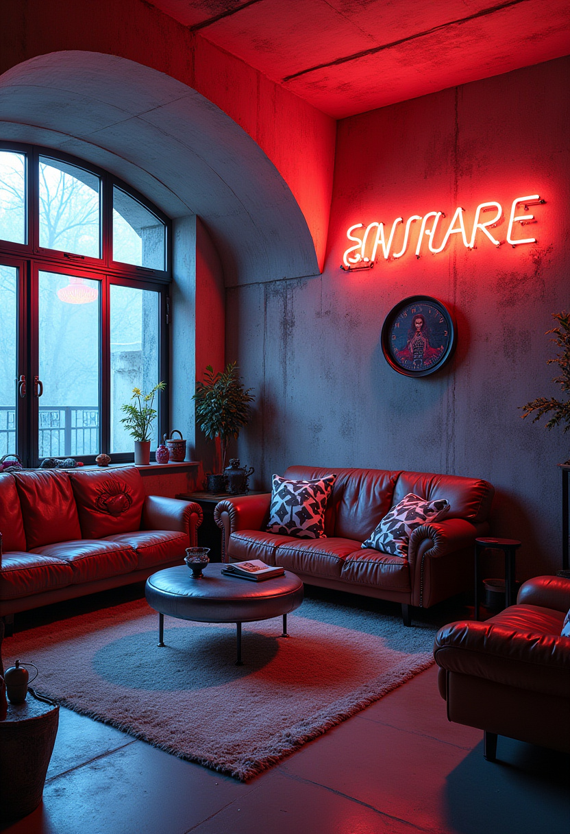 Grunge style punk room featuring black walls and graffiti art.