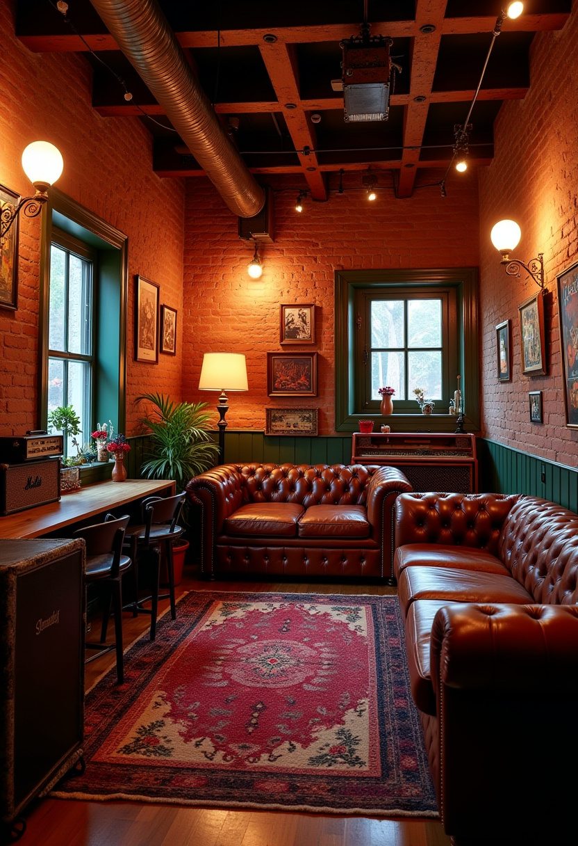 Classic 70s punk rock room with vinyl records and leather accents.