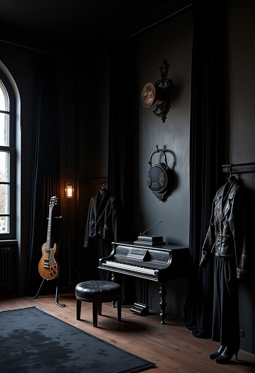 Edgy punk room decor with a gallery wall of music flyers.