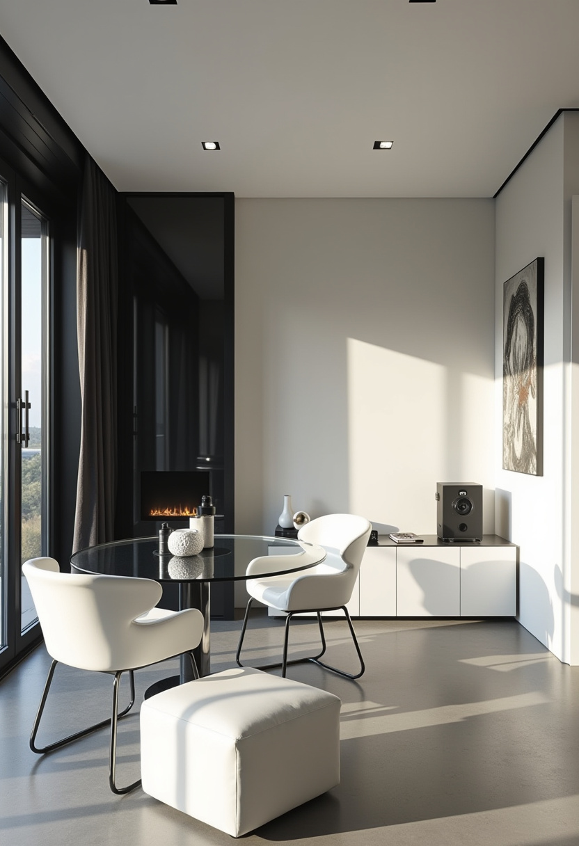 “minimalist small living room with dining area and light color decor