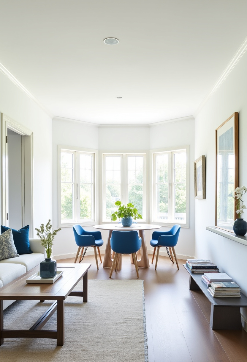 open-concept small living room with dining area and compact storage shelves