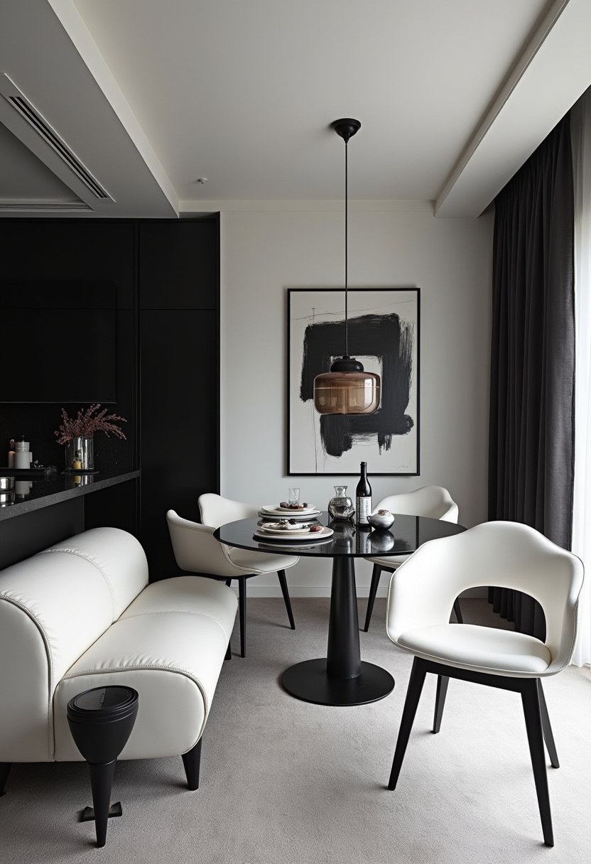 “small living room with dining area featuring a compact dining bench set”