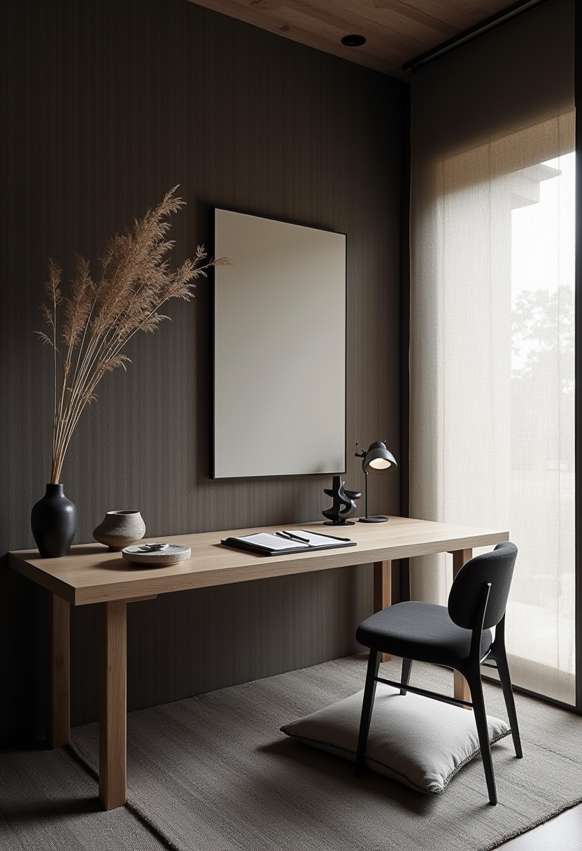 Rustic farmhouse style desk integrated into living room decor.