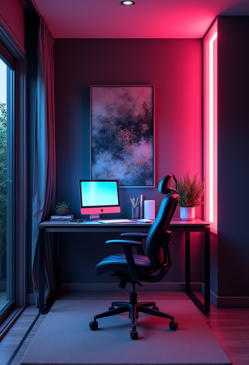Space-saving fold-down desk in a multi-functional living room.