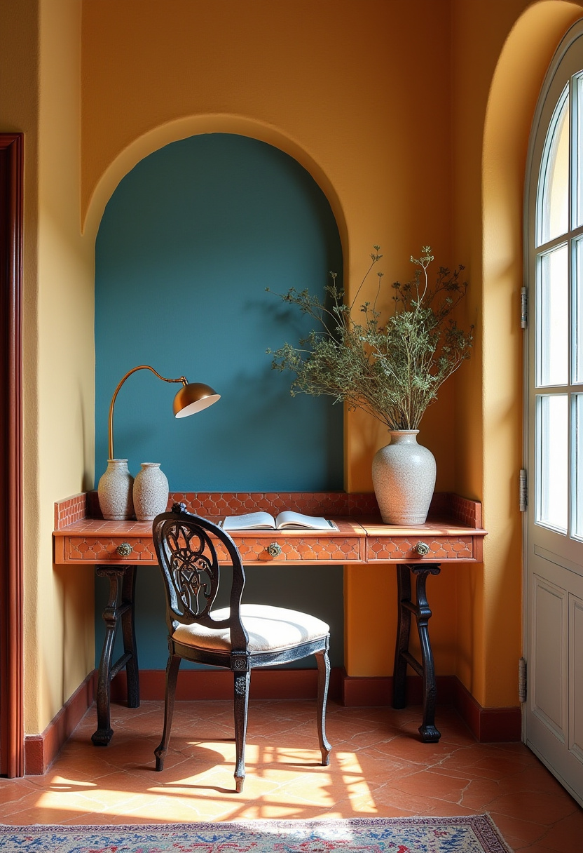 Elegant living room study corner featuring a stylish task lamp.