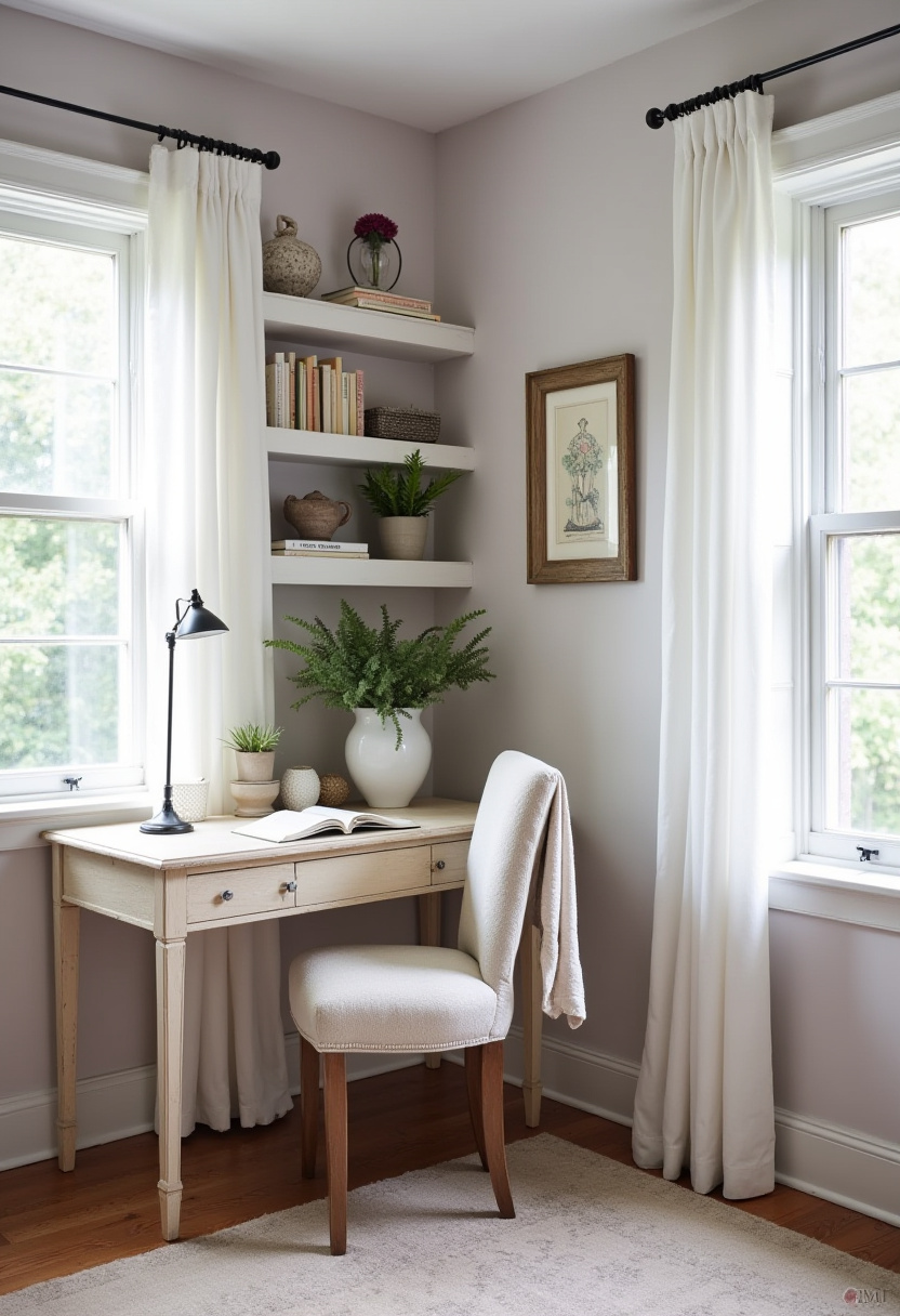 Scandinavian living room work area with light wood and white decor.