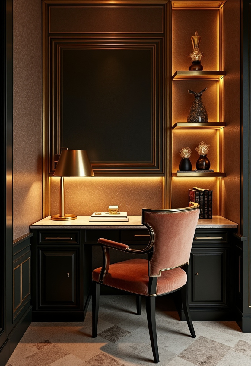 Chic living room workspace with a marble desk and gold accents.