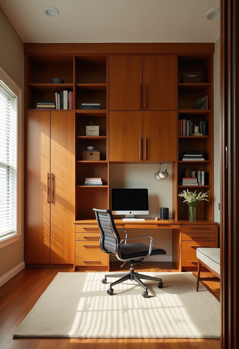 Wall of closets built-ins with integrated open shelving for decor.