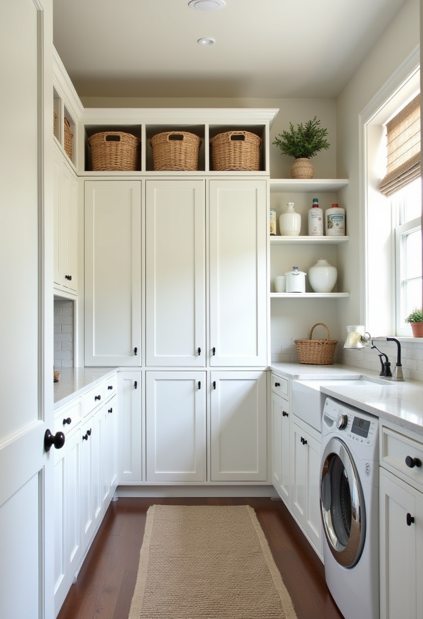 Wall of closets built-ins with a built-in window seat in the middle.