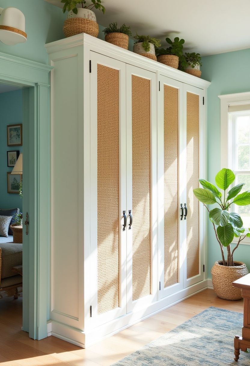 Elegant built-in wardrobe wall with crown molding and classic trim.