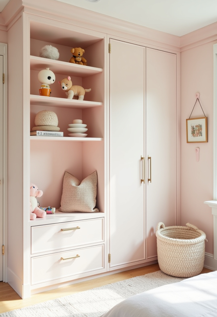 Custom wall of closets with a mix of hanging space and shelving.