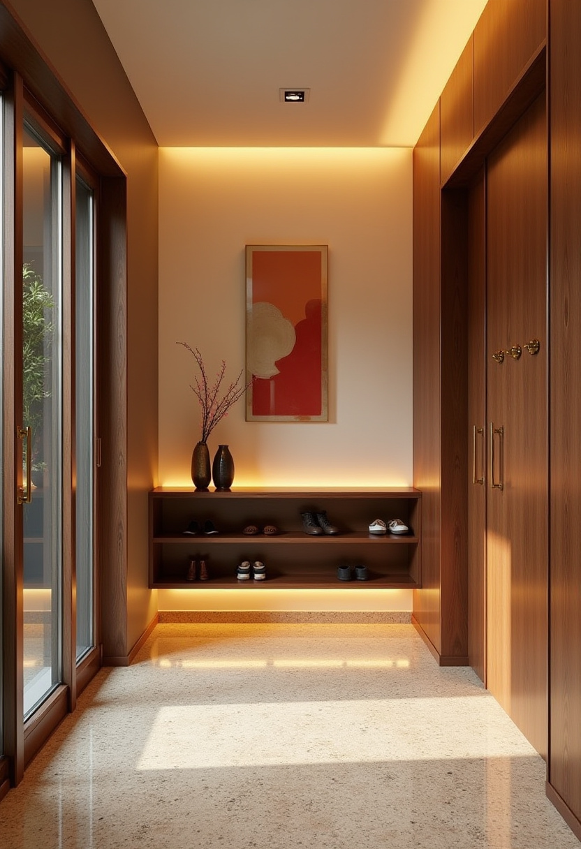Hidden wooden shoe storage cabinet with pull-out drawers.