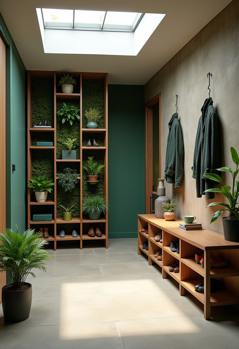 Space-saving vertical wooden shoe rack for narrow entryways.