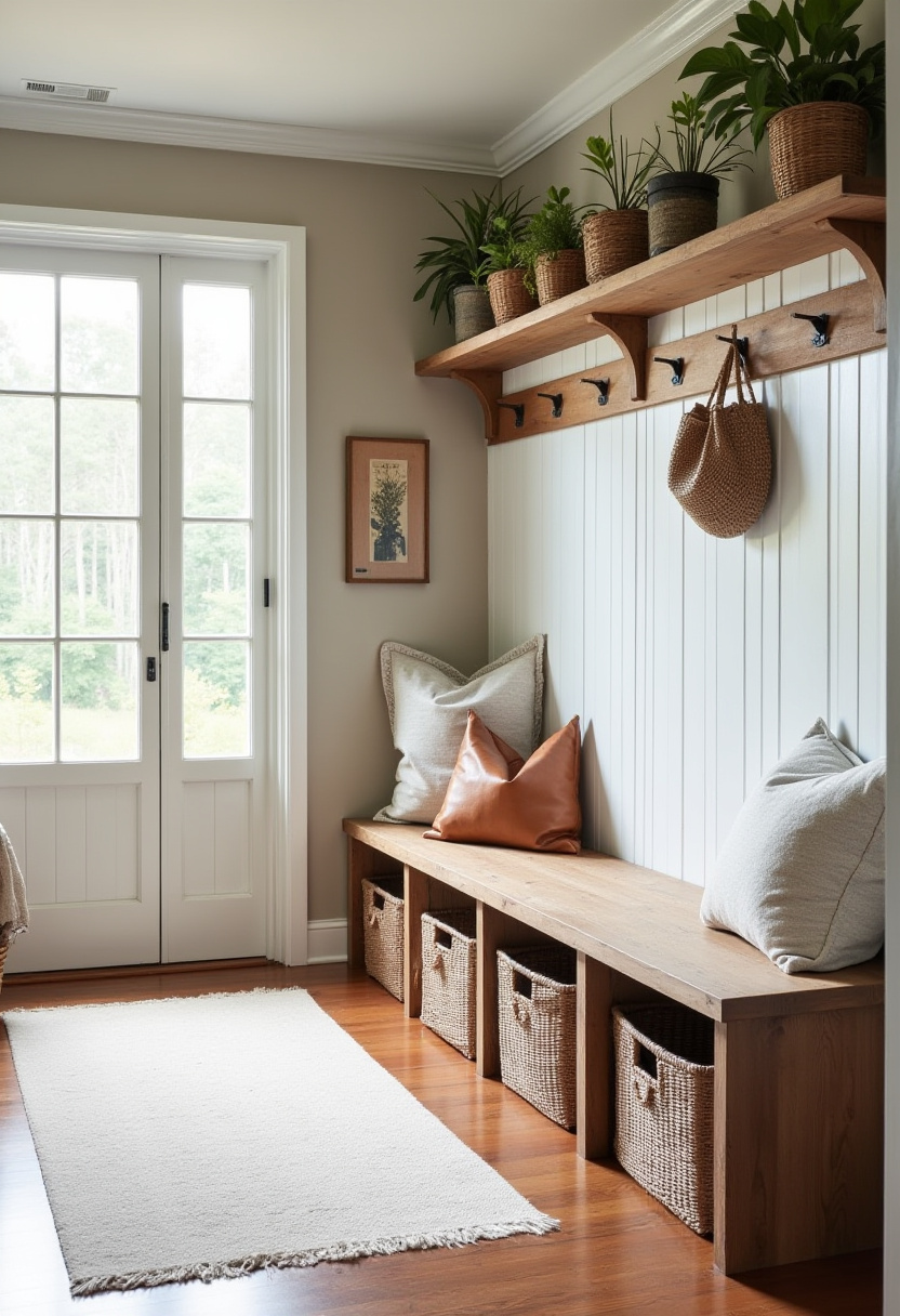 Built-in wooden shoe shelves under the staircase.