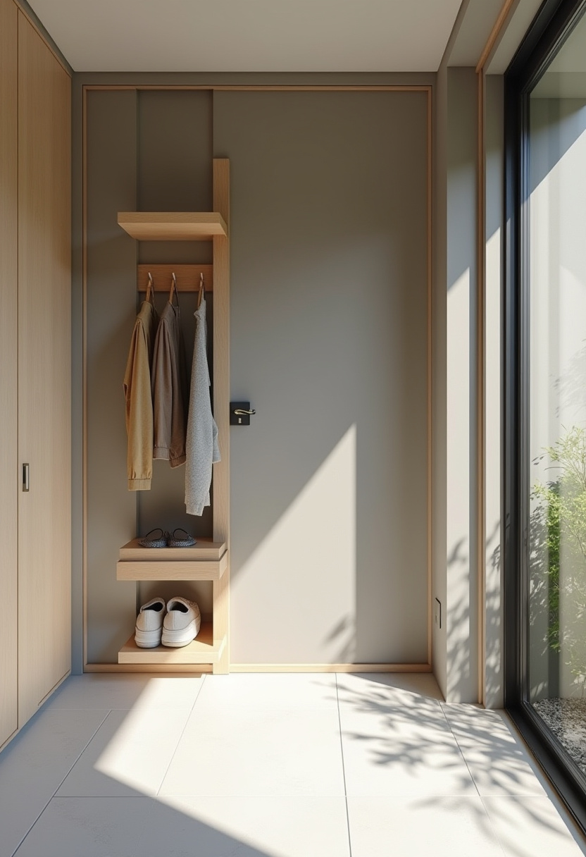 Large wooden shoe wardrobe for walk-in closet organization.