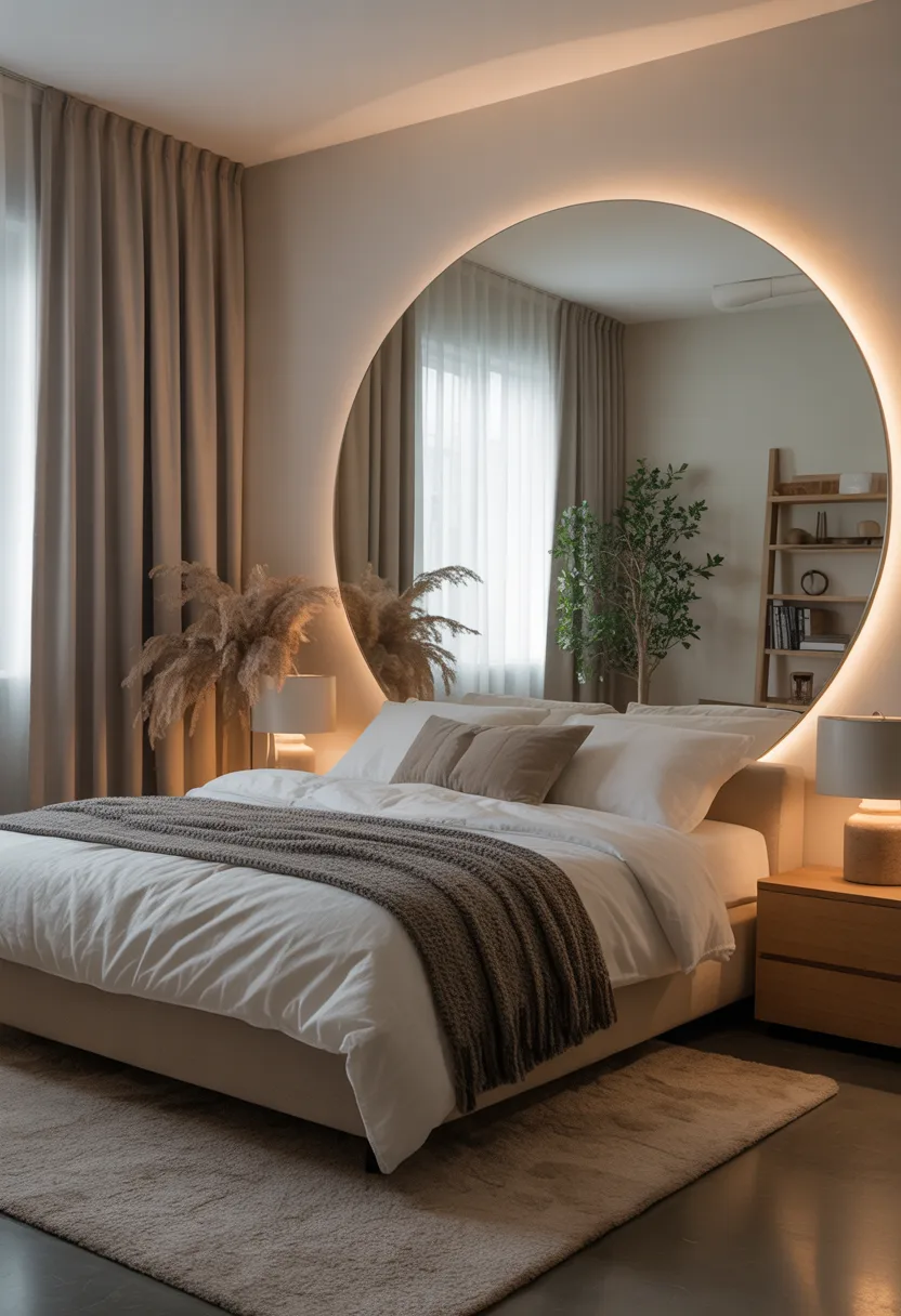 small bedroom with large mirror reflecting window light
